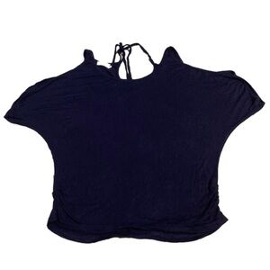B Baluoke Women’s Solid Blue Navy Cold Shoulder Short Sleeve Shirt Sz LG GUC